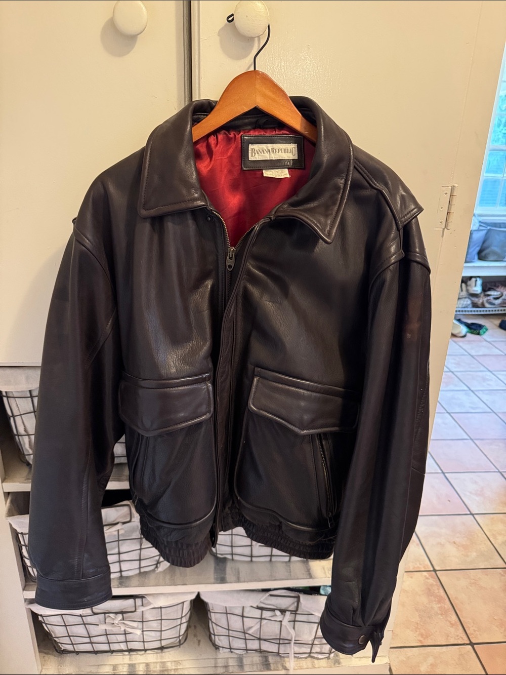 Banana Republic Brown Leather Bomber Jacket with Red Lining